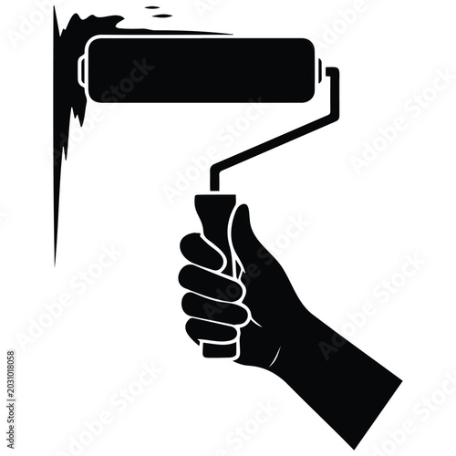 Hand holding paint roller silhouette vector illustration line art graphic.