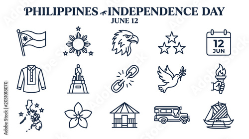 Philippines Independence Day Icons: Flag, Eagle, Jeepney, Torch