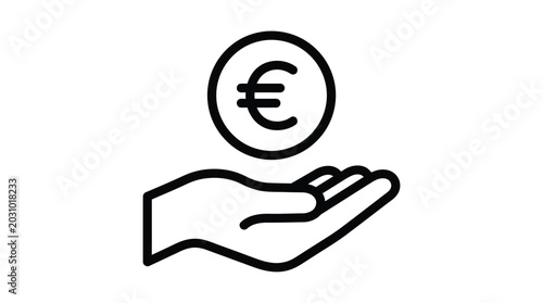 Minimalist black outline icon showing a human hand holding a single euro currency coin symbol illustration