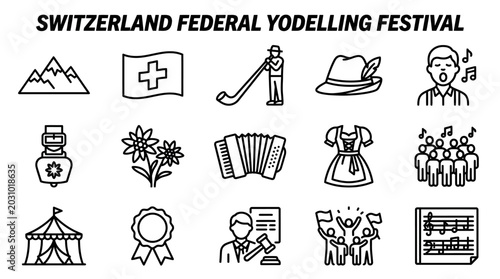 Switzerland Yodeling Festival Icons: Alps, Flag, Music, Culture