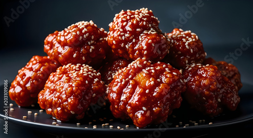 Korean fried chicken bites with sesame seeds close up studio shot