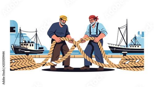 Tableau sur toile Mariners Pull Together: Two weathered sailors in a harbor, with fishing boats in the background, strain in unison to heave a thick rope, embodying the spirit of collaboration and hard work