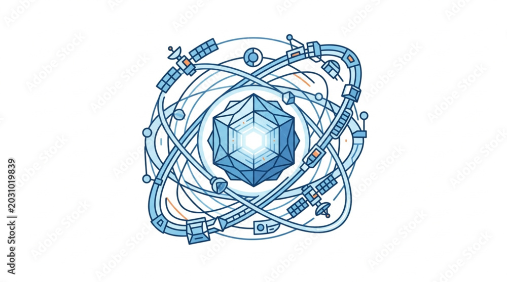 Fototapeta premium Abstract geometric crystal structure with orbiting satellites.