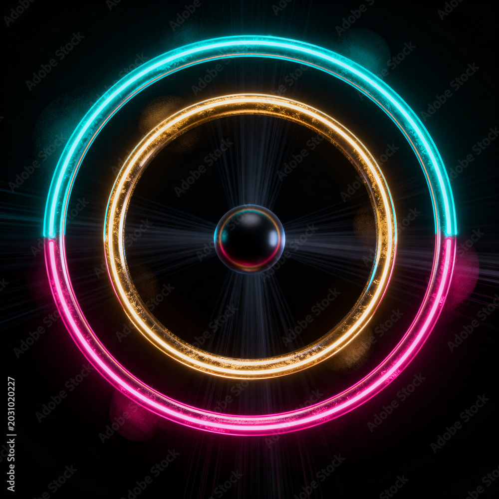 Obraz premium Three equal neon rings balancing a dark gravitational singularity, a futuristic visual metaphor for the 8-8-8 rule and perfect life harmony.