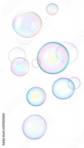 Delicate, iridescent spheres drift upwards against a stark white background