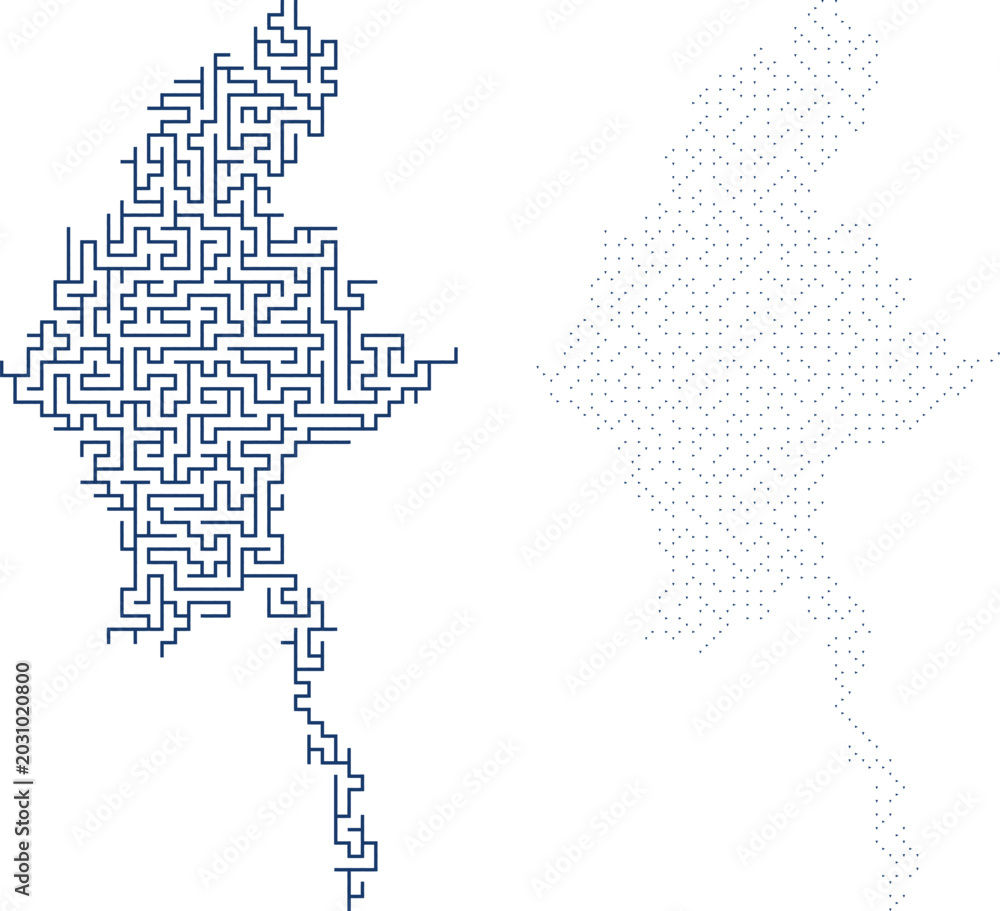 Obraz premium Myanmar map labyrinth vector graphic with blue line art on transparent background for creative cartography concepts.