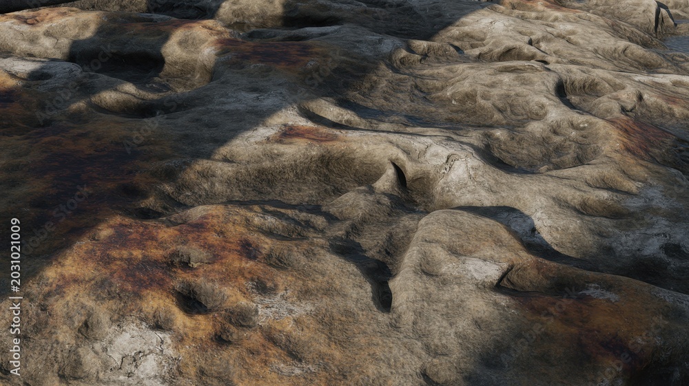 Fototapeta premium Textured, weathered rock surface with dramatic shadows and hints of rust-colored mineral deposits, abstract.