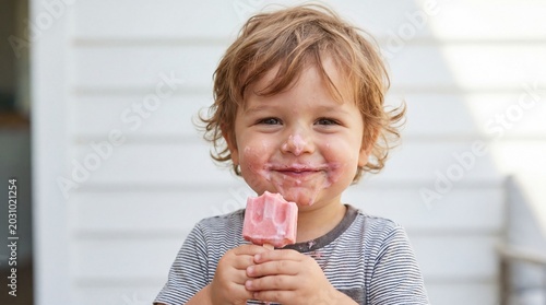Close-up portrait of cute messy toddler boy eating pink strawberry popsicle with ice cream smeared on face and cheeks in backyard setting for family childhood lifestyle photography concept