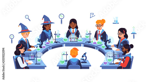 Fotografie Young Scientists at a Magical Experiment: A group of diverse young students, adorned in wizard hats, collaborate enthusiastically in a whimsical science lab