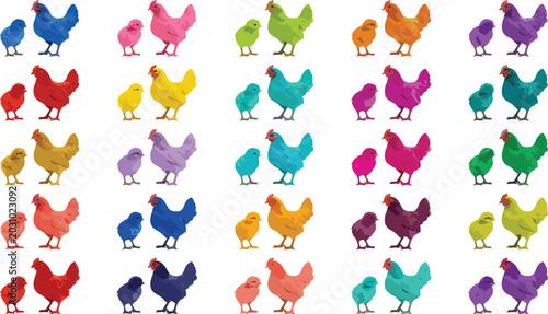Canvas Print Comprehensive vector design set featuring vibrant multi color hens and little ch
