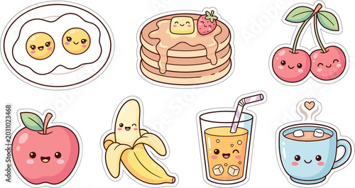 Tableau sur toile Set of cute kawaii breakfast and fruit sticker doodles including fried eggs panc
