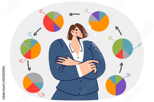 Foto Woman statistician stands among business charts with changing data showing posit