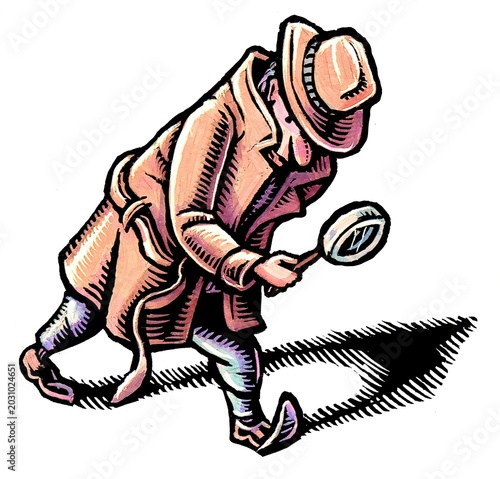 Fotografie man in trenchcoat like detective looks at ground with magnifying glass