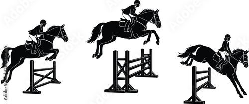 Fotografie Equestrian Show Jumping Horse Rider Silhouette Vector Set with Competitive Jumpi
