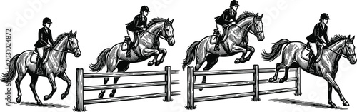 Tableau sur toile Equestrian Show Jumping Horse Riding Vector Illustration Set with Competitive Ri
