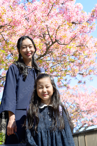桜の下で笑顔の日本人親子