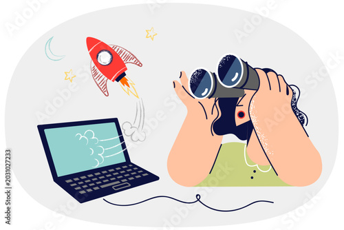 Foto Woman watches launch of rocket through laptop, marveling at new technologies in