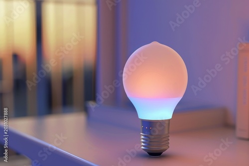 Modern led lightbulb standing on a surface and emitting warm light