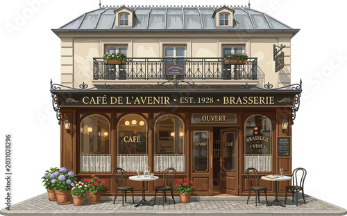 Bild auf Leinwand Beautiful illustration of an old Parisian cafe and brasserie building with a wro