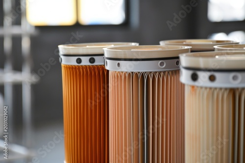 Close up of industrial cartridge filters highlighting pleated filter paper, emphasizing filtration technology