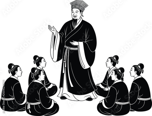 Принти на полотні Ancient Chinese man in traditional robes teaching seated students in black and w