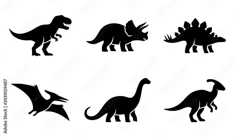 Obraz premium Minimal Dinosaur Silhouette Icon Set Vector Illustration of Prehistoric Animals in Clean Flat Retro Style on White Background