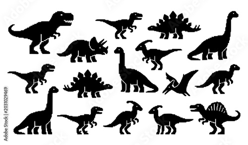 Foto Retro Gaming Style Dinosaur Pixel Silhouette Collection Vector Set of Prehistori