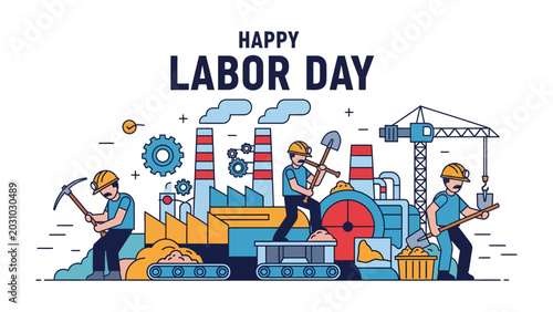 Quadro em tela Happy Labor Day Illustration: A vibrant illustration celebrating Labor Day depicts workers in a factory setting, engaged in various manual labor tasks