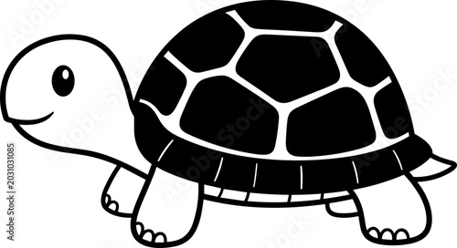 Cute cartoon turtle illustration, simple black and white drawing, isolated on white background.