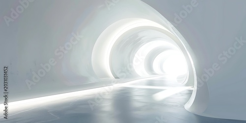 Futuristic white tunnel interior with glowing arches and minimal sci fi architecture background