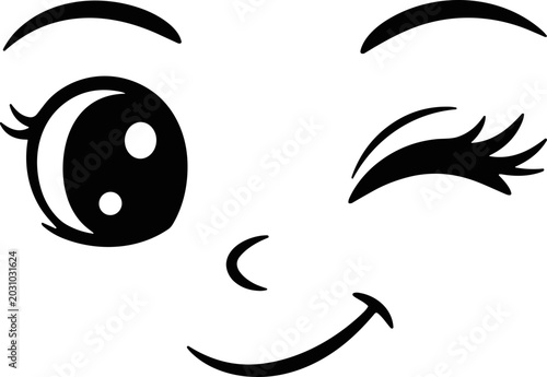 Quadro su tela Cute cartoon face winking and smiling, simple black and white illustration