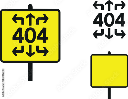 Yellow road sign with 404 and directional arrows for navigation error concept