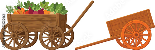 Εκτύπωση καμβά Wooden Farm Wagon Loaded with Fresh Harvest Vegetables and Empty Cart Vector Ele
