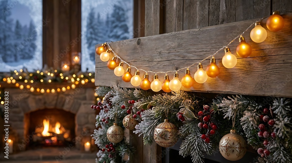 Fototapeta premium Cozy fireplace decorated with Christmas garland and warm string lights, creating a festive and inviting holiday interior scene for winter season.