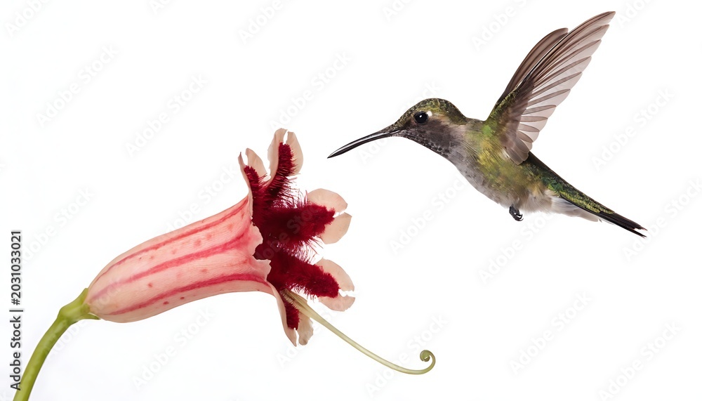 Fototapeta premium Minimal hummingbird with flower isolated on white background with shadow cut out. Clean nature composition, delicate bird and blossom interaction, elegant floral wildlife concept . AI Generated.