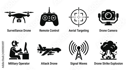 Drone technology silhouette vector icons set featuring surveillance drone, attack drone, remote control, aerial targeting, operator station, antenna signals, drone camera, strike explosion illustratio