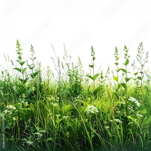 Lush green meadow with delicate white wildflowers under bright sunlight