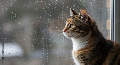 Tabby Cat Looking Out Rainy Window