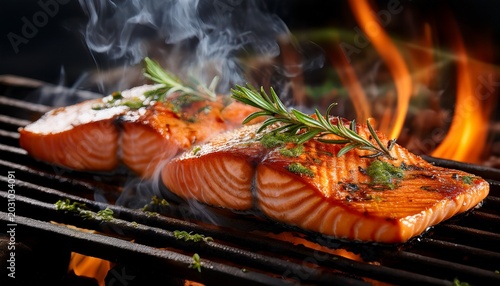 grilled salmon fillets with herbs on a barbecue grill underneath smoke and flames for delicious dining experience