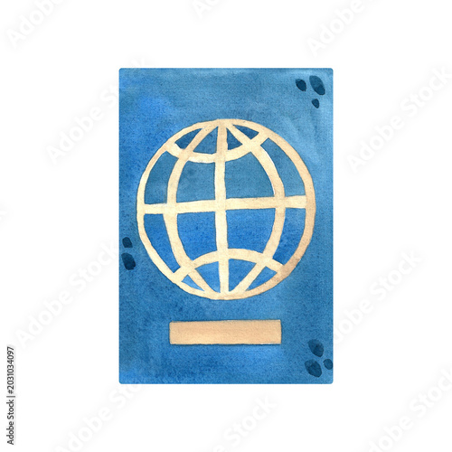 Watercolor illustration of a passport with a globe, isolated. Hand-drawn document in blue. Identification document for travel planning and travel services.
