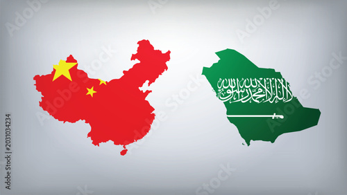 Photography Saudi Arabia and China Map Flags Vector Illustration, Saudi Arabia and China Cou