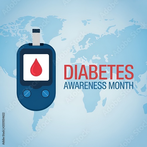 Diabetes awareness month graphic with glucometer and world map background.