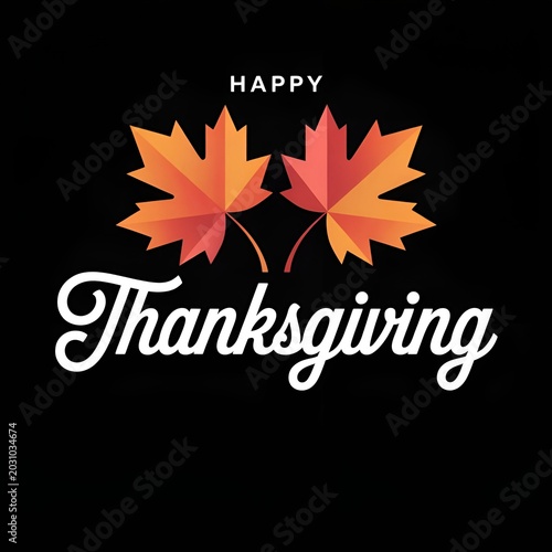 Happy Thanksgiving greeting with colorful maple leaves on black background.