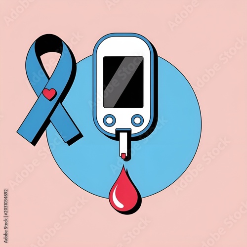 Glucose meter with blue ribbon and blood drop on pink background.