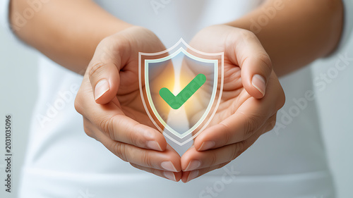 care, health, hospital, insurance, investment, medicine, health care, pharmacy, support, life. close up to hand and hold shield and check mark showing. it means insurance to protect and health care.