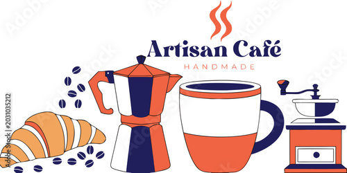 Schilderij op canvas Artisan cafe handmade logo with moka pot and coffee cup.