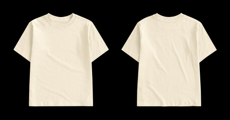 Front and back views of a blank kids cream-colored short-sleeve t-shirt mockup isolated on black