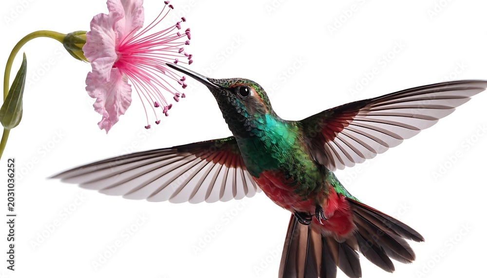 Fototapeta premium Colorful hummingbird with spread wings near blossom cut out isolated on white background. AI GENERATED. 