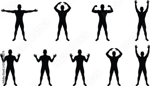 Fotografie Black male bodybuilder silhouettes set collection featuring athletic men posing