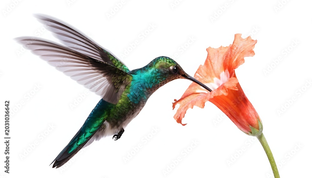 Fototapeta premium Realistic hummingbird drinking nectar from flower cut out isolated on white background. AI GENERATED. 